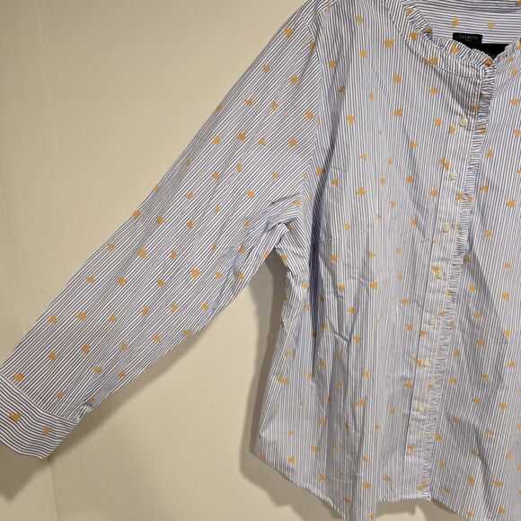 Talbots Size 3X Ruffle Band Collar Poplin Button Down Stripe Gold Heart Cotton - Picture 4 of 10
